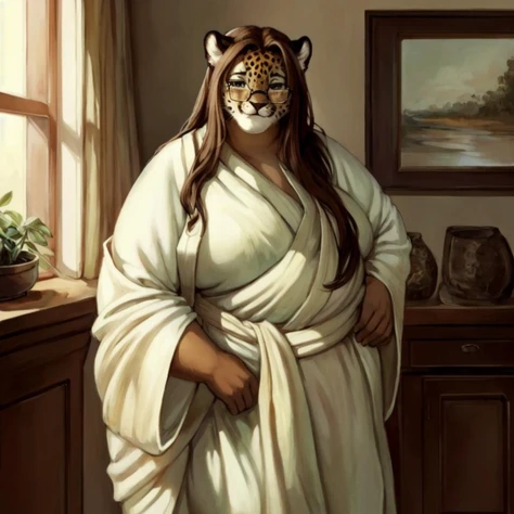 (furry:1.5), a (solo) female maiden (jaguar:1.3), standing in her living room, ((wearing a long green toga:1.6)), wearing earrings, wearing large glasses:1.5, ((very long straight flowy brown hair:1.5)), (shy smile, warm smile), ((morbidly obese:1.5)), ((by gollygeo, by oouna, by Neal Adams)):1.5, ((detailed fur texture, detailed dress, correct anatomy))