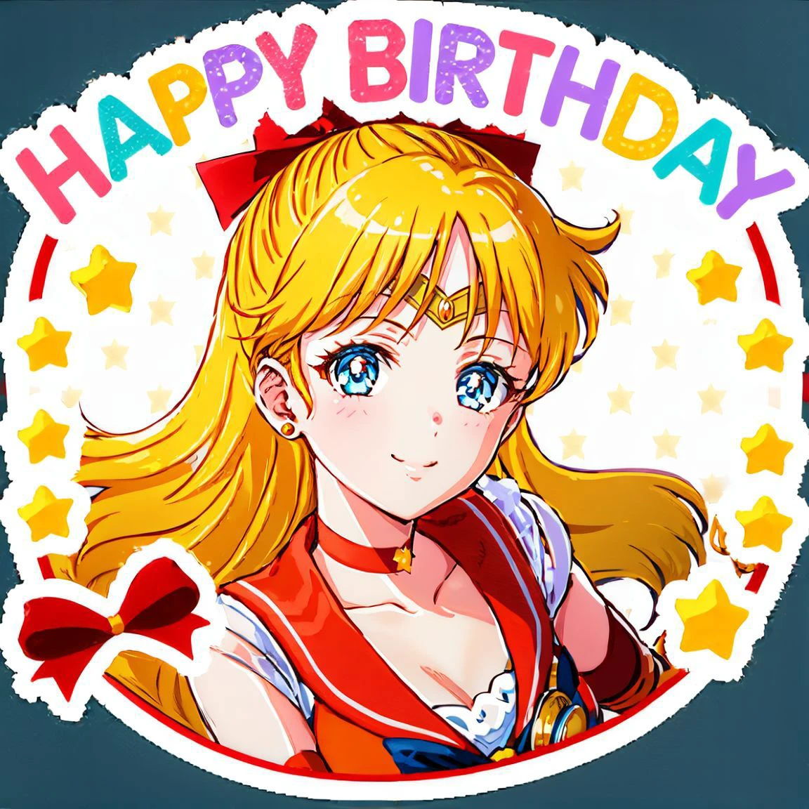 happy birthday,1girl, smile, happy,<lora:happy-birthday-000016:0.7> ,portrait, <lora:sailor_venus_v2:0.7>, sv1, sailor senshi uniform, orange skirt, elbow gloves, tiara, orange sailor collar, red bow, orange choker, white gloves, jewelry