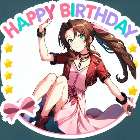 happy birthday,1girl, <lora:happy-birthday-000016:0.7> ,portrait,  <lora:aerith-nvwls-v1-final:1>, aerith gainsborough, choker, cropped jacket, hair bow, bracelet, pink dress, brown boots,smile, happy