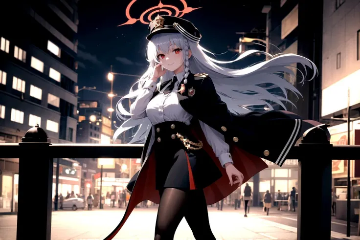 <lora:haruna1:0.8> harunadef, red eyes, braid, hat, one halo, pantyhose, smile, street, cityscape, walking, floating hair, night, city lights, ray tracing, hand on own face, masterpiece, best quality, highres,, <lora:GoodHands-vanilla:1> nice hands, perfect hands