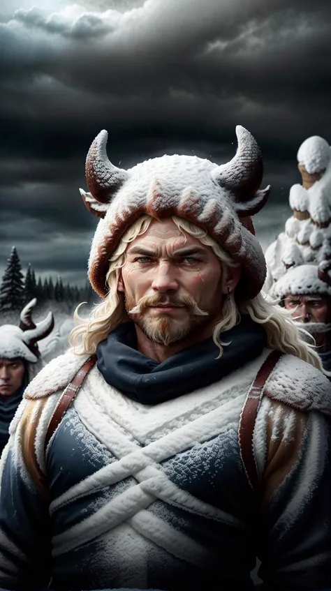 SemlaStyle norse, looking at viewer, solo, upper body, detailed background, (grinning:0.8), dark ages, dark fantasy atmosphere, norse theme, norse mythology, viking age, pagan, nordic medieval norse ravager, simple muted dark blue padded leather battle-tunic, winter, ice, breath visible, berserker, bloodthirsty, dark storm clouds, rain, fury of the old gods, <lora:SemlaStyle-000007:0.7>