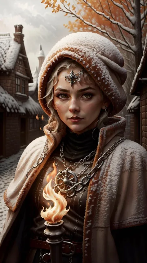 SemlaStyle (style-rustmagic:0.8), portrait, looking at viewer, solo, upper body, detailed background, (high fantasy medieval theme:1.1), dark hunter, silver trimmed elaborate intricate padded leather clothes, coat, cape, straps, belts, pockets, buckles, thick flaming (medieval:1.1) wooden torch, shadowed face, chains, dark medieval alley in background, autumn, mysterious atmosphere, dim lighting, shadows, warhammer dark fantasy, <lora:SemlaStyle-000007:0.7>