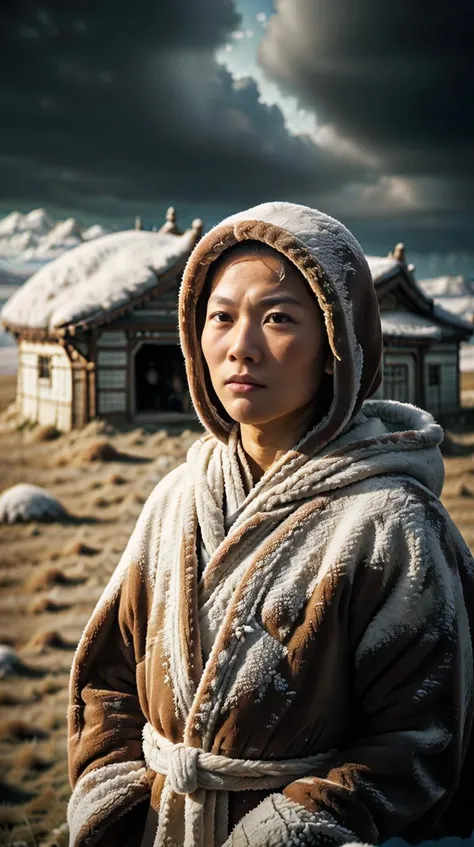 SemlaStyle solo, half shot, detailed background, detailed face, (<lora:MongolPunkAI:0.6>, MongolPunkAI, mongolian steppe nomad theme:1.1), Black northern warrior, (glowing eyes:1.05), stoic expression, guardian, dynamic pose, hooded robe, surrounded by magical glow, snow crystals, stormy background, rock formations in background low light, dark night, cinematic atmosphere, <lora:SemlaStyle:0.5>