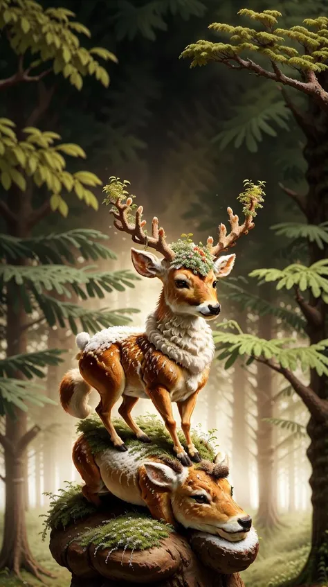 SemlaStyle a deer nibbling on lichen growing on a tree in a forest <lora:SemlaStyle:0.45> animal on fire <lora:on_fire10:0.4>