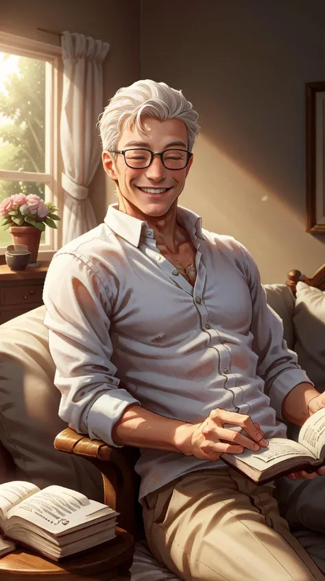 SemlaStyle a fair-skinned man with a warm smile reading a book in a sunlit room <lora:SemlaStyle:0.5>