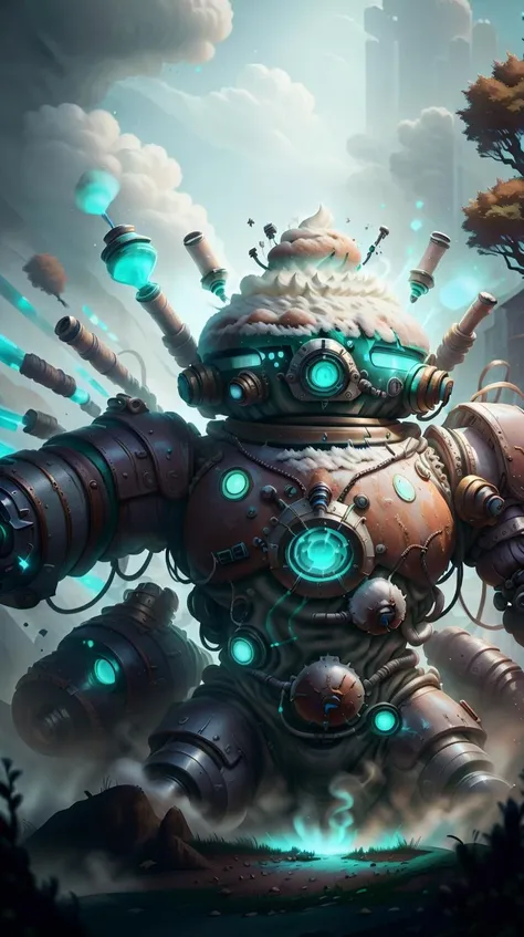 SemlaStyle style-rustmagic, portrait, solo, half shot, looking down, detailed background, detailed face, (<lora:AlchemyPunkAI:0.6>, alchemypunkai theme:1.1), cyberpunk soldier, infantry, wearing Cyan plated armor, techwear, dirt, headset, scifi weapon, laser sights,  calm,    movement, cybernetic implants, glowing Turquoise  lights, battle-mech in background, wind blowing, floating particles, particle effects, cinematic armosphere, <lora:SemlaStyle:0.45> DruidMagicAI Forest <lora:DruidMagicAI-000010:0.4>