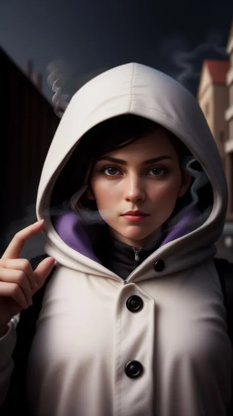 SemlaStyle portrait, solo, half shot, looking at viewer, detailed background, detailed face, (<lora:smoke_model:0.4>, smokestyle theme:1.1), spy, espionage, intrigue, surveillance, infiltration, covert operation, escape, gadgets, Purple spy clothes, hood, bridge in background, shadows, dark cinematic atmosphere, <lora:SemlaStyle:0.45> pcporcelaincd <lora:pcporcelaincd-000005:0.4>