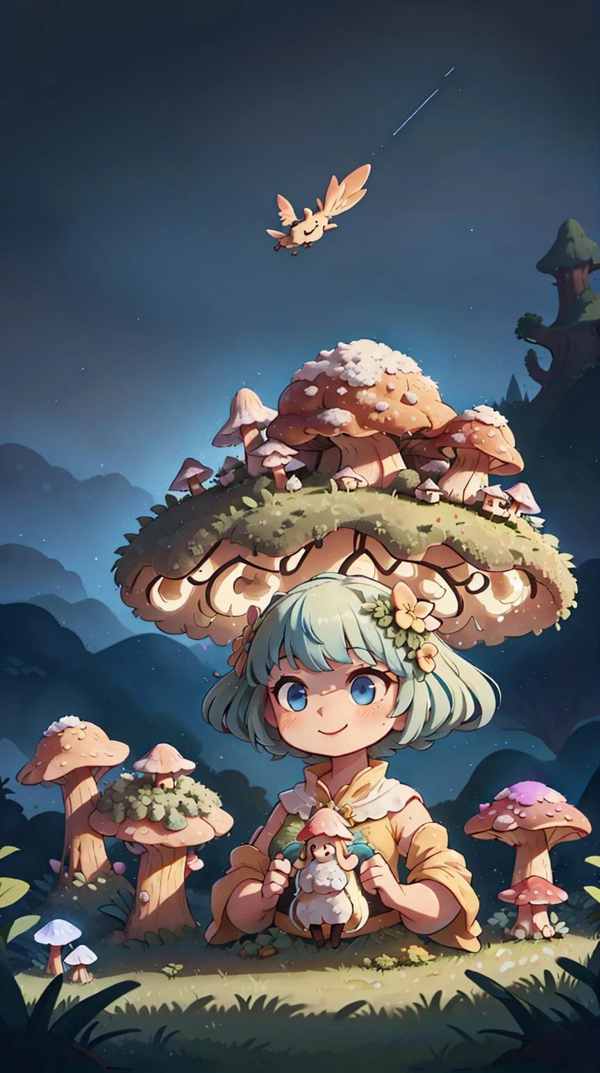 SemlaStyle portrait, solo, upper body, looking up, detailed background, detailed face, (<lora:SolarpunkAI:0.6>, SolarpunkAI, solarpunk theme:1.1) smile, mushroom druid, (style-sylvamagic:0.8), (style-swirlmagic:0.8), highly detailed mushroom themed Yellow clothing, swirling magical energy in the air, living mushrooms, giant mushrooms, mushroom garden in background, peaceful dark night, blue magical lights, ethereal atmosphere, <lora:SemlaStyle:0.6> GlowingRunes_red <lora:GlowingRunesAIV4:0.6>