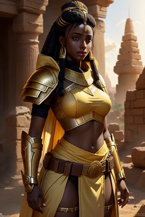 a 22-year-old-girl, wearing an ancient Nubian cloth war uniform draped over yellow body armor, (artstation:0.8), insane details, soft lighting, refraction, Ultra HD, magic landscape, (film grain:1.3, masterpiece:1.2), cinematic atmosphere