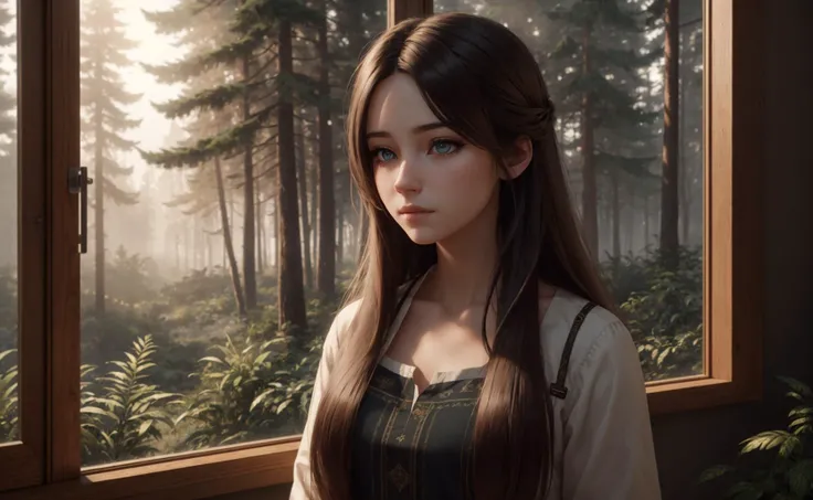 window, beautiful detailed eyes, award winning matte drawing cinematic lighting octane render unreal engine volumetrics dtx, (Clutter-Home, isometric 3d art, high quality), low-tied long hair, forest, colorful, brown hair color, award winning photography, artstation hd, forest and trees on the foreground, fog, (extremely detailed CG unity 8k wallpaper), leica_style, beautiful 1girl, 8k, (dreamlike:0.8), masterpiece, long hair, RAW photo, dust, (best quality)