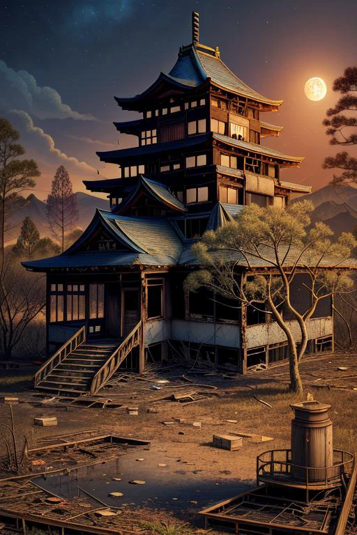 Fujiyama, (wallpaper), digital, extremely detailed, small breasts, Alex Gray, a photo that tells a (abandoned:1.4) story, mystic forest background, pixel, hyperdetailed, simple, (masterpiece), high quality, dramatic, isometric render, (full moon, technicolor:0.9)