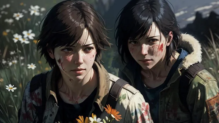 makoto shinkai, "wildflowers", mature female, by Jeremy Mann, 1980s, High Detail, epic realistic, ultra-detailed, upper body, ((wounded)), cliff, (cyber-style boy:0.66), blurry background, feathers, photorealistic painting, (Look down from above:1.3), volumetric lighting