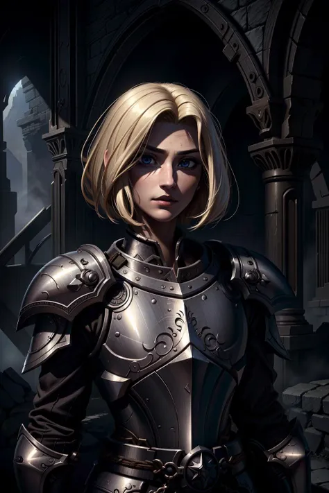 (Highest Quality, UHD,8k,masterpiece, Amazing Details), (cinematic colors, cinematic lighting, incredible details, dark shading, rich shading, perfect lighting), BREAK, destroyed city, <lora:GothicHorrorAI:.4>, BREAK, (hand-drawn), (fantasy), digital rpg art, D&D style, woman, ((adult)), (30 yo), symmetrical face, bob cut, blonde hair, wispy hair, light hair, curved hair, armor, iron armor, (plain plate male:1.1), knight, stern look, serious, weathered, gruff, soldier, seasoned warrior, heavily weathered, tired, worn-out, (small eyes:1.2), perfecteyes eyes, <lyco:locon_perfecteyes_v1_from_v1_64_32:.7>, <lyco:GoodHands-beta2:1>, <lora:more_details:.4>, <lora:LowRA:.2>, <lora:Alex:.3>
