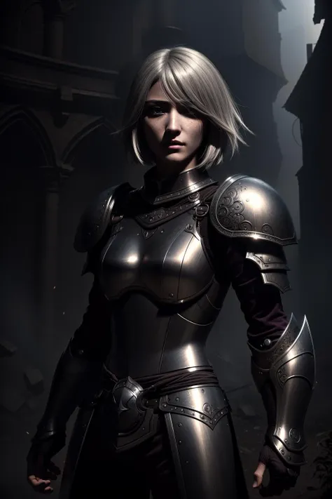 (Highest Quality, UHD,8k,masterpiece, Amazing Details), (cinematic colors, cinematic lighting, incredible details, dark shading, rich shading, perfect lighting), BREAK, destroyed city, purple fog, dusty, destroyed, dirty, <lora:GothicHorrorAI:.4>, BREAK, (hand-drawn), (fantasy), digital rpg art, D&D style, (woman:1.4), ((adult)), (30 yo), bob cut, blonde hair, wispy hair, light hair, curved hair, grey armor, armor, iron armor, (plain plate male:1.1), knight, stern look, serious, weathered, gruff, soldier, seasoned warrior, heavily weathered, tired, worn-out, (small eyes:1.2), perfecteyes eyes, <lyco:locon_perfecteyes_v1_from_v1_64_32:.7>, <lyco:GoodHands-beta2:1>, <lora:more_details:.4>, <lora:LowRA:.2>, <lora:Alex:.3>