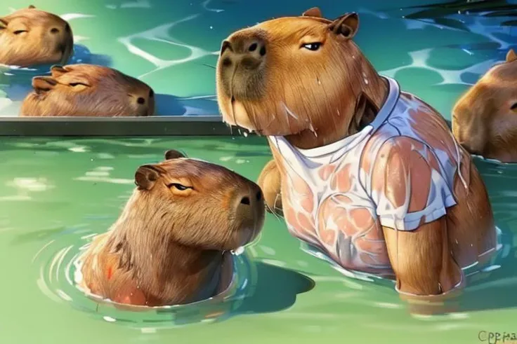 <lora:wet_white_shirt.v1.0:1> <lora:capi-09:1>(capybara wear wet white shirt:1.5) ,(no human:1.3),