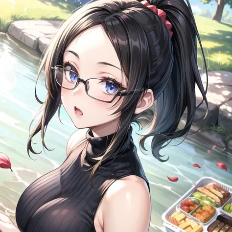 <lora:add_brightness:0.5><lora:add_detail:0.5><lora:HoukaiPostProcess:-1>1 woman, large breast, happy,blush,forehead, high ponytail,  black hair,  glasses, sleeveless turtleneck, :o,
ultra detail,game CG,
picnic,lunch,falling petals, 
river,wind,sunlight, sunbeam,  sun halo, 
profile, looking at viewer,  from below,  sun focus,