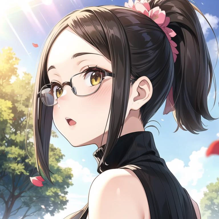 <lora:add_brightness:0.5><lora:add_detail:0.5><lora:HoukaiPostProcess:-1>1 woman, large breast, happy,blush,forehead, high ponytail, black hair, glasses, sleeveless turtleneck, :o,
ultra detail,game CG,
picnic,lunch,falling petals,
river,wind,sunlight, sunbeam, sun halo,
profile, looking at viewer, from below, sun focus,