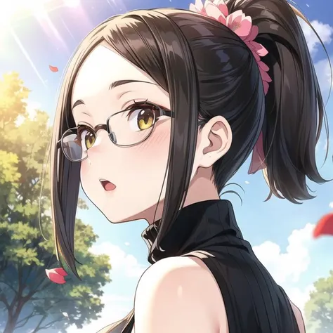 <lora:add_brightness:0.5><lora:add_detail:0.5><lora:HoukaiPostProcess:-1>1 woman, large breast, happy,blush,forehead, high ponytail,  black hair,  glasses, sleeveless turtleneck, :o,
ultra detail,game CG,
picnic,lunch,falling petals, 
river,wind,sunlight, sunbeam,  sun halo, 
profile, looking at viewer,  from below,  sun focus,