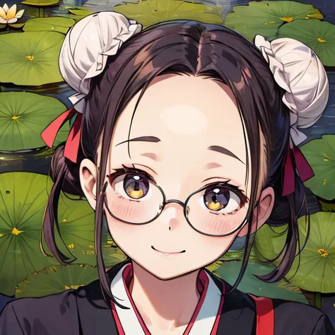 <lora:add_brightness:0.5><lora:add_detail:0.5>1 woman, large breast,  smile,  ,blush:1.1, forehead,  black short hair, double bun,  glasses, multicolored  kimono, dressing,
<lora:BG2_dpep4+silicon29dim64:2> enormous lotus background,
portrait, pov,