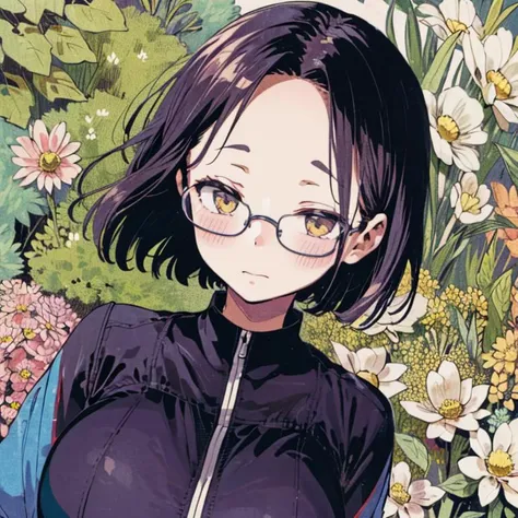 <lora:add_brightness:0.5><lora:add_detail:0.5>1 woman, large breast, embarrassed ,blush:1.1, forehead,  black hair,  glasses,pant suit,dressing,
<lora:BG2_dpep4+silicon29dim64:4>flower garden, flower, flower bed,
portrait,