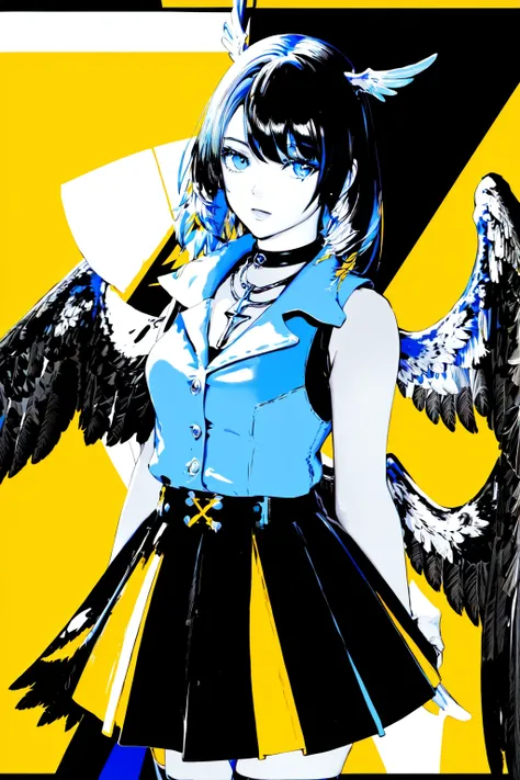 Contrast Pop Art,best quality, ultra high res, 1girl, sleeveless white button shirt, black skirt, black choker, official art, solo, blue hair, wings, monochrome, yellow theme, dynamic angle, dynamic pose, specular highlights, <lora:Contrastv2:0.75>