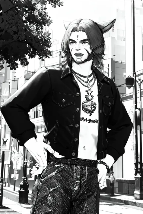 Contrast Pop Art, solo, shirt, 1boy, animal ears, jewelry, jacket, monochrome, upper body, greyscale, male focus, outdoors, open clothes, cat ears, necklace, twitter username, tree, hand on hip, facial hair, facial mark, beard, miqo'te, cat boy, gradient theme, dynamic angle, dynamic pose, specular highlights, <lora:Contrastv2:0.75>