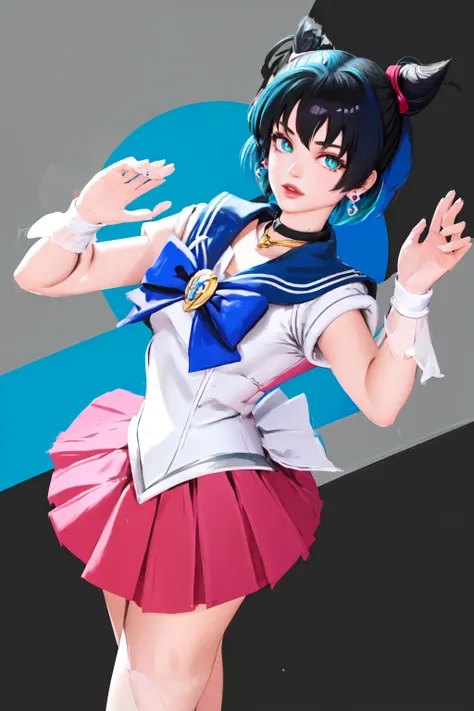 Contrast Pop Art, 1girl, solo,Sailor moon, twin tails, hair buns, sera fuku, sailor senshi uniform, looking at viewer, short hair, simple background, black hair, green eyes, jewelry, blue hair, multicolored hair, earrings,collar, two-tone hair, lips, black background, portrait, gradient theme, dynamic angle, dynamic pose, specular highlights, <lora:Contrastv2:0.75>