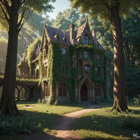 (high resolution uncompressed raw photo:0.8), abandoned overgrown castle mansion in a forest, (twilight), sun, beauty, interesting lights and shadows, focus blur:0.4, masterpiece, (extremely detailed CG unity 8k wallpaper), 8K render, wide angle full body, plant, trending