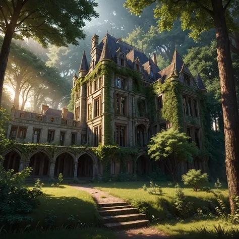 (high resolution uncompressed raw photo:0.8), abandoned overgrown castle mansion in a forest, (twilight), sun, beauty, interesting lights and shadows, focus blur:0.4, masterpiece, (extremely detailed CG unity 8k wallpaper), 8K render, wide angle full body, plant, trending