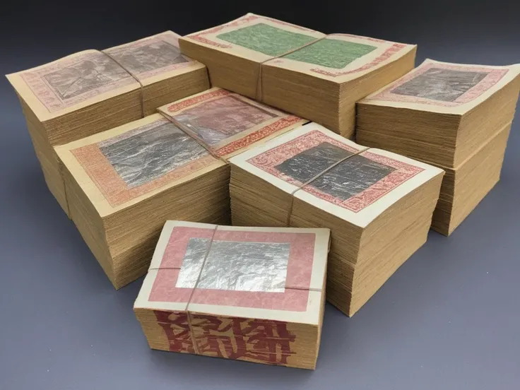 A high-resolution, hyper-realistic image of a mahogany table filled with neatly stacked banknotes. The scene is set in a dimly lit room, the only source of light being a single overhead lamp that casts dramatic shadows and highlights the texture of the banknotes. The banknotes are of various denominations and from different countries, creating a colorful and orderly display. The mahogany table, with its rich red-brown color and polished surface, adds a touch of elegance and sophistication to the scene. The focus should be sharp, capturing every detail of the banknotes and the grain of the wood. The overall color palette should be rich and moody, with the vibrant colors of the banknotes standing out against the dark background, <lora:spaper:0.7>