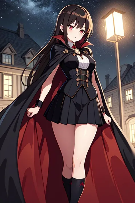 (masterpiece, best quality:1.2), 1girl, skirt, mansion, night, cute, (black cape, satin cape, wrapped up), cute, brown hair, long hair, vampire, vampirecape,  <lora:vampcape:0.7>