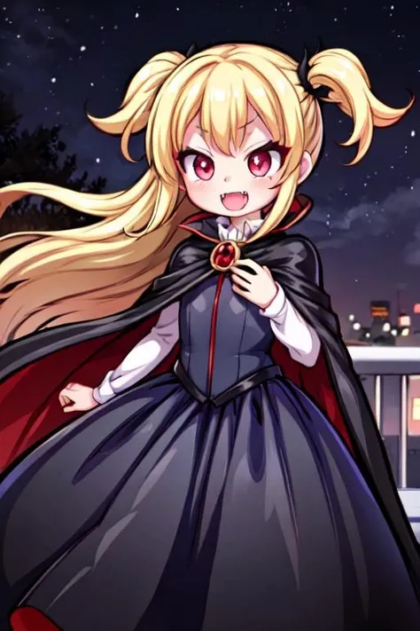 1girl, standing, ballgown, outside stairs, windy, night, (black cape, satin cape), cute, blonde hair, long hair, vampire, fangs, vampirecape, <lora:vampcape:0.7>