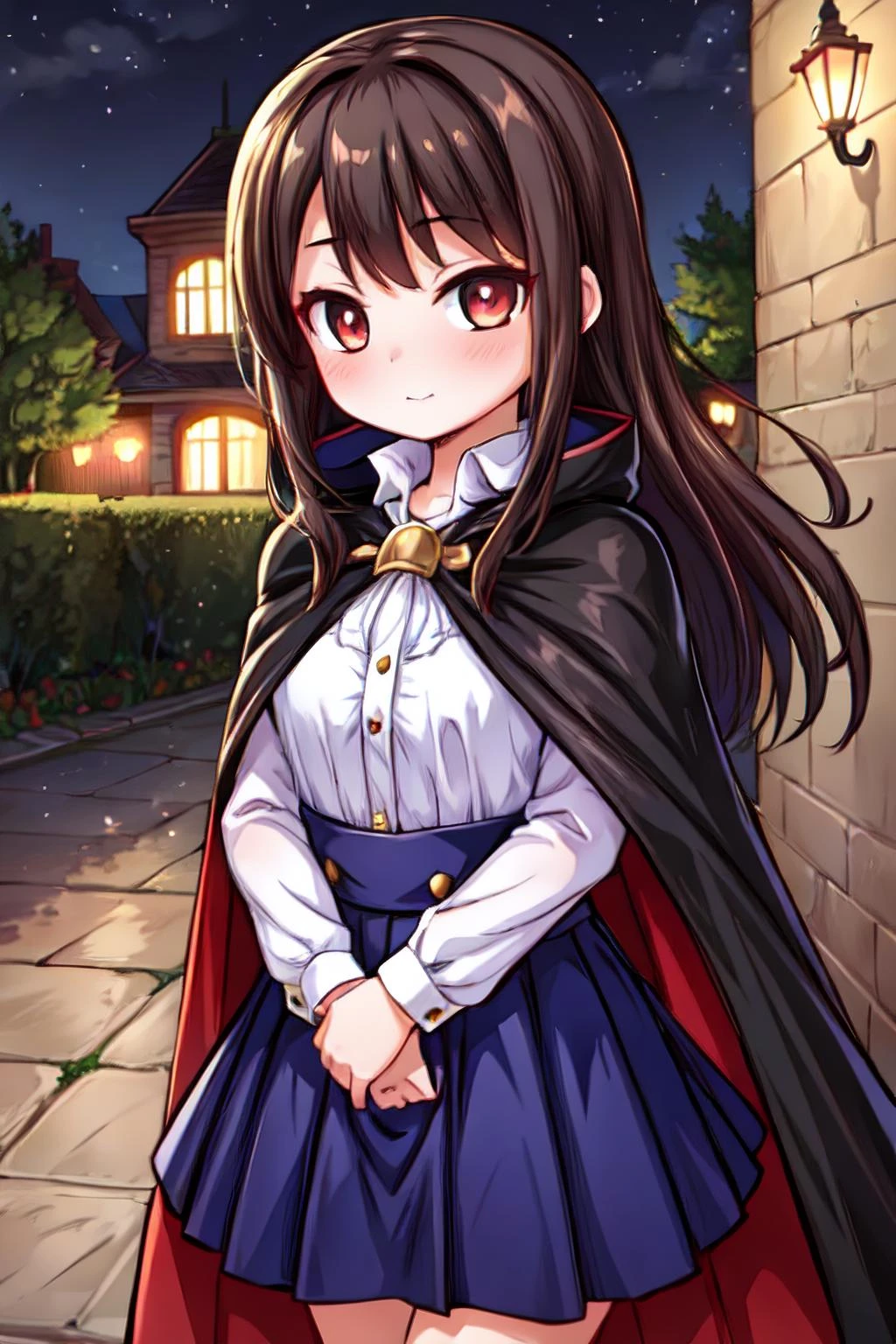 (masterpiece, best quality:1.2), 1girl, skirt, mansion, night, (black cape, satin cape), cute, brown hair, long hair, vampire, vampirecape, <lora:vampcape:0.7>