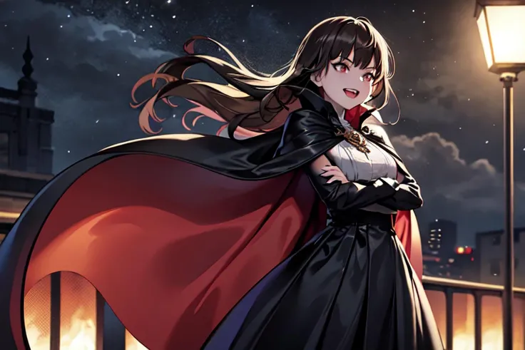 (masterpiece, best quality:1.2), 1girl, dress, standing, outside, night, cute, (black cape, satin cape), cute, brown hair, long hair, vampire, fangs, arms crossed, vampirecape,  <lora:vampcape:0.6>