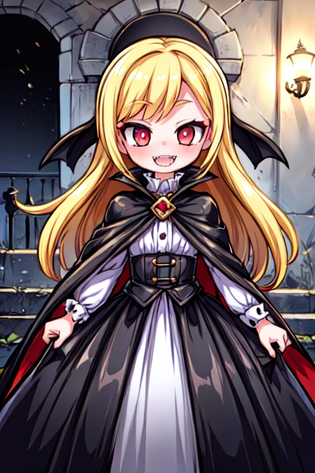 1girl, standing, dress, mansion stairs, (black cape, satin cape), cute, blonde hair, long hair, vampire, fangs, smile, vampirecape, <lora:vampcape:0.7>