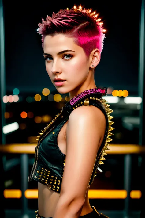 Cyber punk, swedish, purple, blond, mohawk, uneven bob hair, tight short turtle neck shirt, high heels, big boobs, firm, heavy makeup, flirting, lace, nsfw, intricent details, red, happy