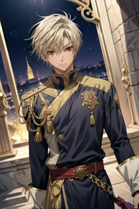 masterpiece, best quality, game cg, 1boy, solo, male focus, looking at viewer, upper body, , <lora:mikage_celestine:0.76>, mikage_celestine, blonde hair, brown eyes, , The Isle of the Dragon, High definition