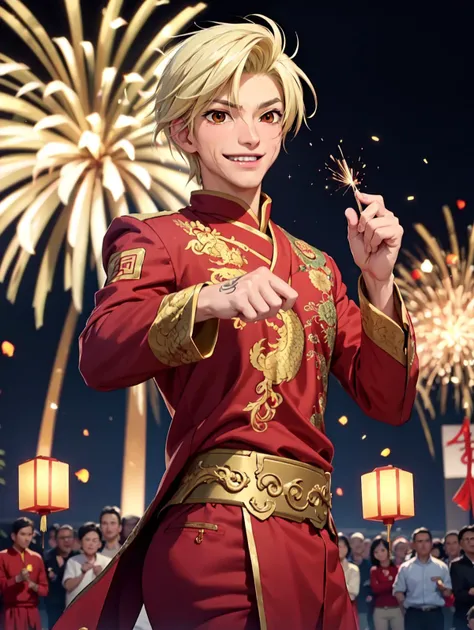 looking at viewer, Amidst the Chinese New Year festivities of the Dragon, a (handsome young man:1.1)( dons traditional attire:1.5). His clothing reveals chiseled muscles and tattoos, with a red shirt featuring golden dragon embroidery and snug, red trousers adorned with fireworks motifs. Completing the look are golden shoes.
he stands against a backdrop of gleaming red and gold lanterns on a stage filled with music and firecrackers. The man's tattoos, depicting dragons and Chinese symbols, underscore his cultural connection. With a radiant smile, he extends blessings for the year ahead, encapsulating the spirit of joy and community celebration. His masculine, youthful, and tender features exude warmth and charm, adding to the festive atmosphere of the occasion,
<lora:GoodHands-beta2:0.8>, dynamic pose,
<lora:mikage_celestine:0.8> mikage_celestine, blonde hair, brown eyes, masterpiece, 4k, high quality, highres, absurdres,