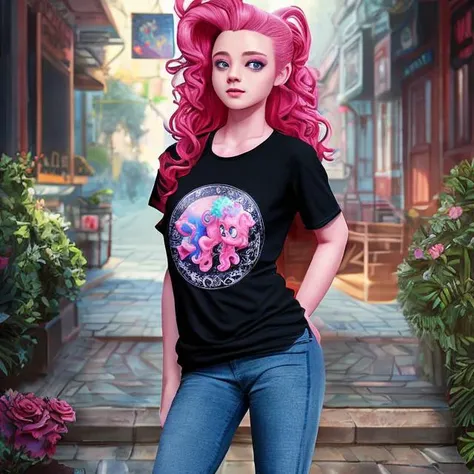 pinkie pie wearing a t-shirt and jeans, centered, (Intricately detailed), highly detailed, dark colors, (Symmetrical), two arms, two legs, outside, perfect face, perfect eyes, curious, best quality, intricate Environment, Environment Design