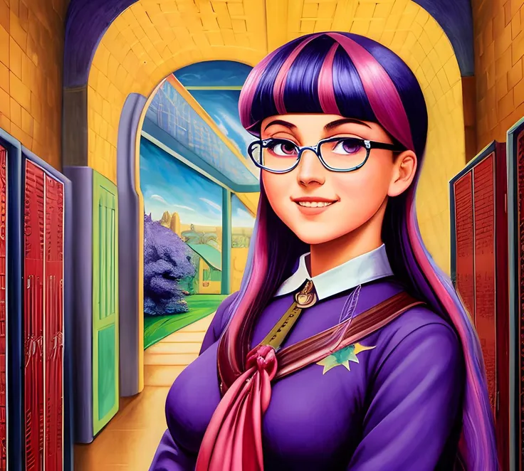 8k, 16k, Twilight sparkle in a school hallway, glasses, smile, waist up, lockers, ((solo)), by Artgerm, by Josephine wall, by Georgia O'Keeffe, by Henri Matisse, by Jack Kirby