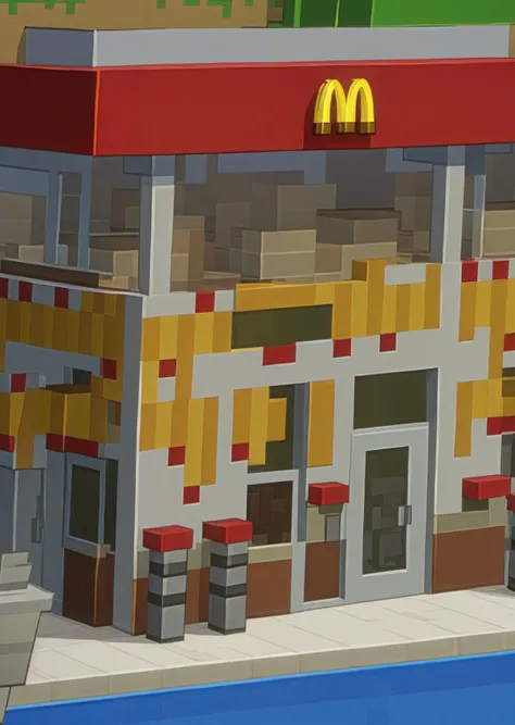 a minecraft artwork, a McDonald restaurant, large view, <lora:1-000009:1>