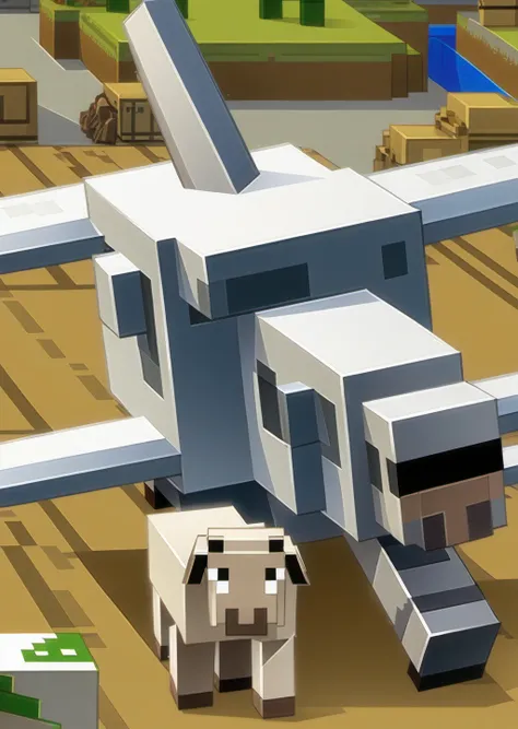 a minecraft  artwork, an airplane in an airport, sheeps,  <lora:1:1>