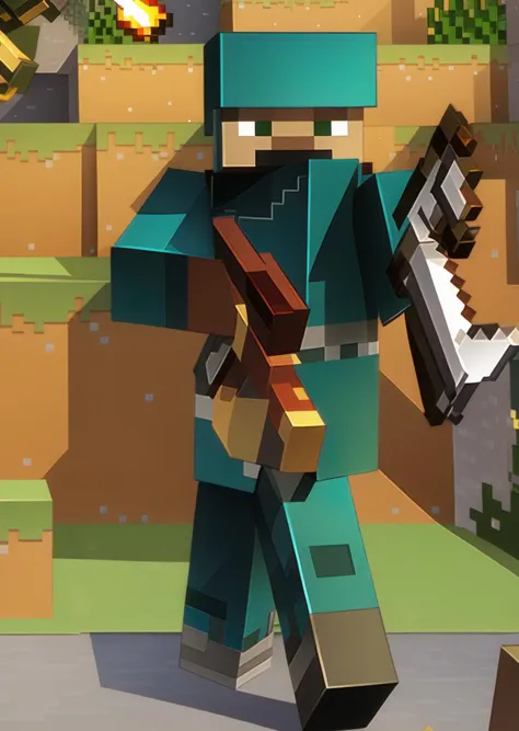 a minecraft artwork, a soldier with a rocket launcher, <lora:1:1>