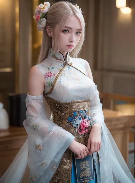 High detail RAW color Photo, near shot, of (girl wearing ancient chinese dress, wearing thin white shirt), (clothed), (standing in the middle of the battlefield), dragon tattoos on breast, ((elegant, beautiful face)), blue eyes, (girl), (30 yeas old), random hair, light curls, (cybernetic impalnts:1.2), (augmentations), (detailed skin, supple skin pores), silicon, metal, (intricately detailed, fine details, hyperdetailed), (bloom:0.4), raytracing, subsurface scattering, diffused lighting, (side lighting:0.5), shallow depth of field), photographed on a Canon EOS R5, 85mm lens, F/2.8, sharp focus, smooth, cinematic film still ,detalied background