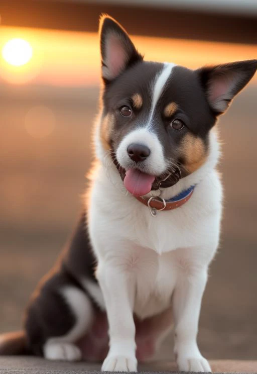 Close-up photo of a happy dog's face, sunset, 80mm, f/1.8, dof, bokeh, depth of field, subsurface scattering, stippling