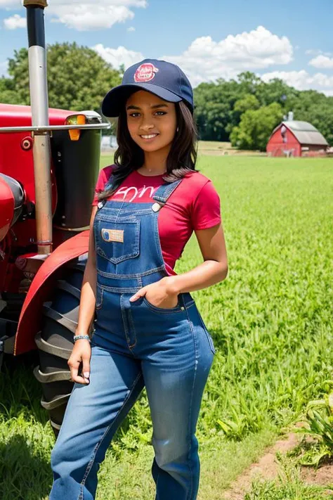 20 year old Athletic , Indian woman, topless under scruffy denim overalls driving a tractor on a farm. Work boots. Short black hair. <breasts> Baseball cap. Sunny weather. Red barn in background. Corn fields. <ca45mv7-100>