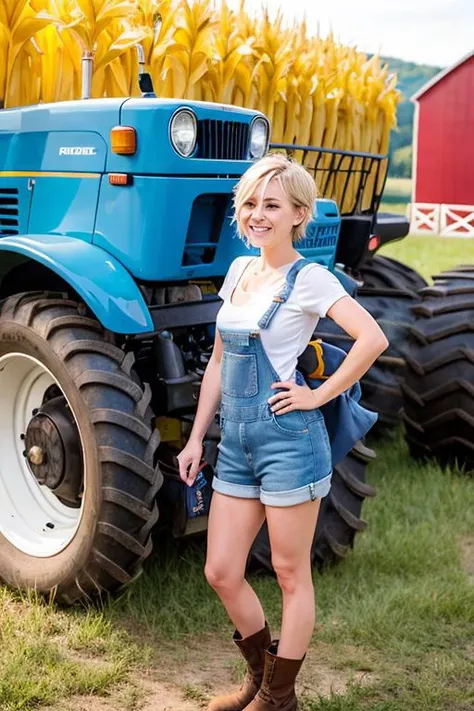 Athletic , white lady, no shirt under denim overalls driving a tractor on a farm. Work boots. Short blonde hair. <breasts> Baseball cap. Sunny weather. Red barn in background. Corn fields.