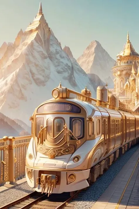 IvoryGoldAI, masterpiece, best quality, close-up view, intricate details, cyberpunk passenger train, sharp focus, backdrop of beautiful scenery and mountains,