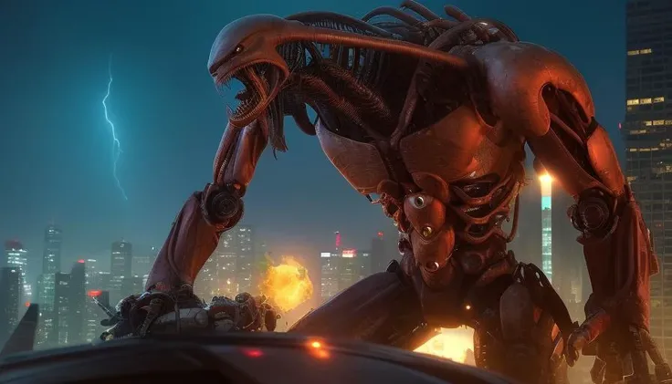 Robot fighting with Predator Alien, hyper realistic, (on cityscape), night sky, police car arround, high detailed, best quality,unreal engine 4