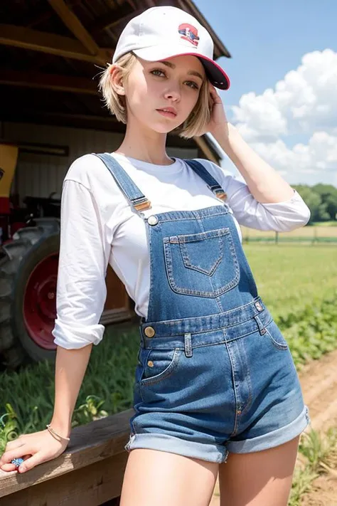 Athletic , white lady, no shirt under denim overalls driving a tractor on a farm. Work boots. Short blonde hair. <breasts> Baseball cap. Sunny weather. Red barn in background. Corn fields.